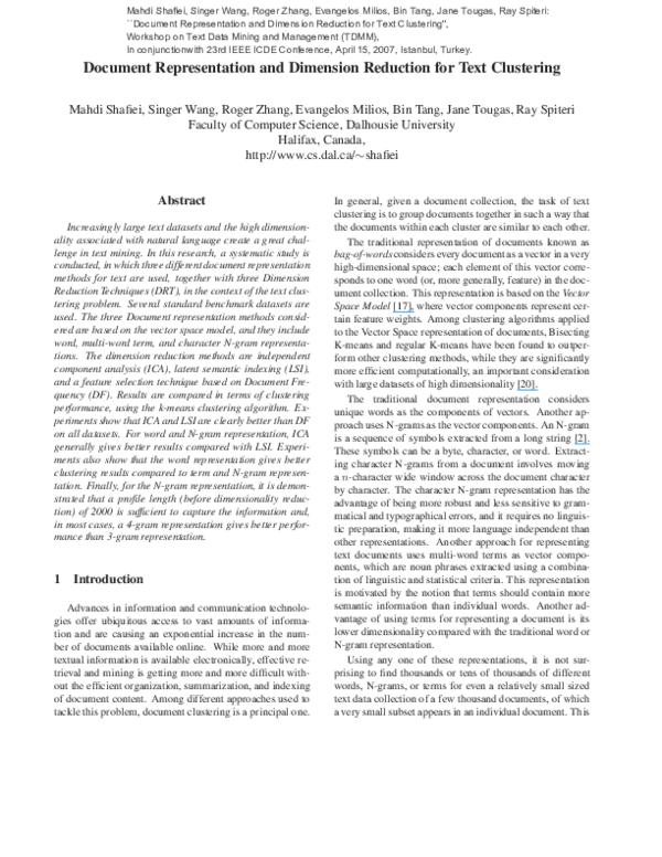 (PDF) Document Representation and Dimension Reduction for Text Clustering