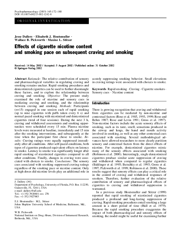 (PDF) Effects of cigarette nicotine content and smoking pace on ...