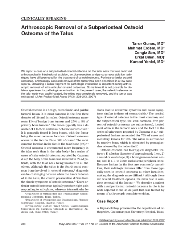 (PDF) Arthroscopic Removal of a Subperiosteal Osteoid Osteoma of the Talus