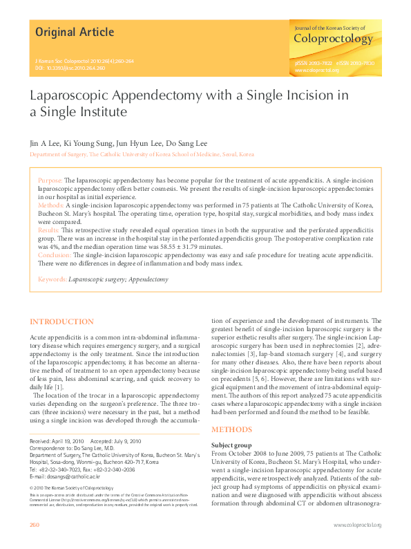 (PDF) Laparoscopic appendectomy with a single incision in a single ...