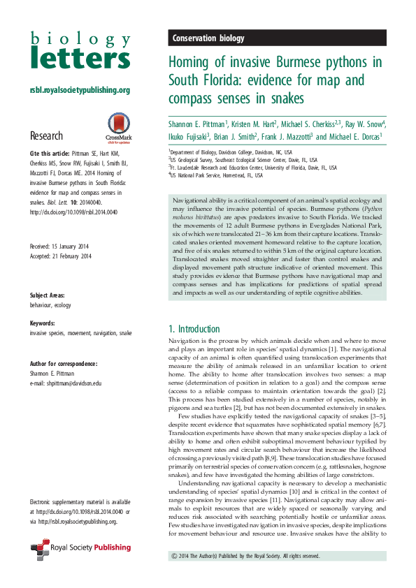 (PDF) Homing of invasive Burmese pythons in South Florida: evidence for ...