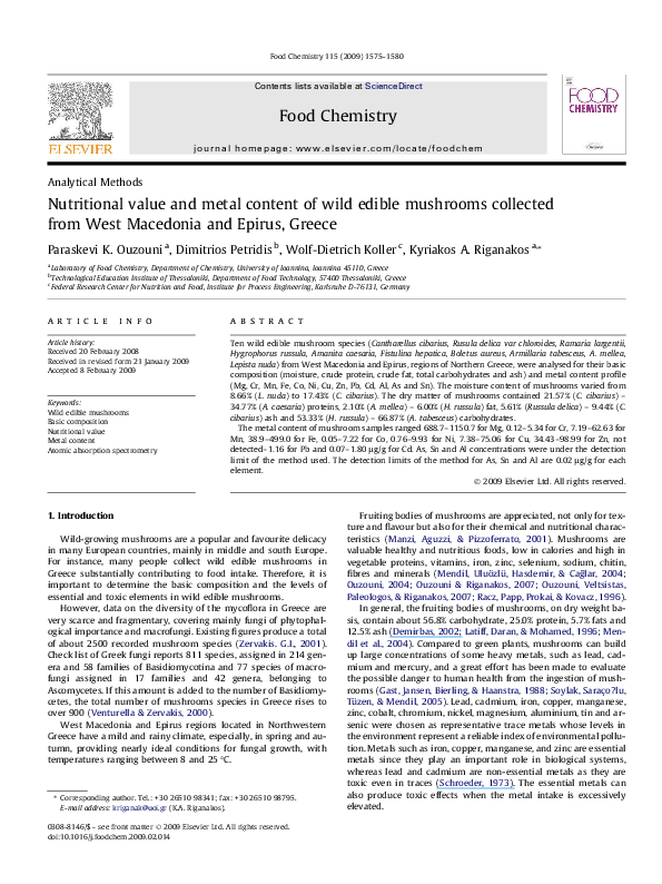 (PDF) Nutritional value and metal content of wild edible mushrooms ...