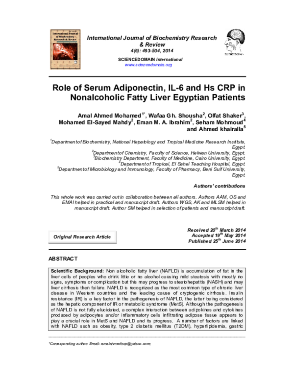 (PDF) Role of Serum Adiponectin, IL-6 and Hs CRP in Nonalcoholic Fatty ...