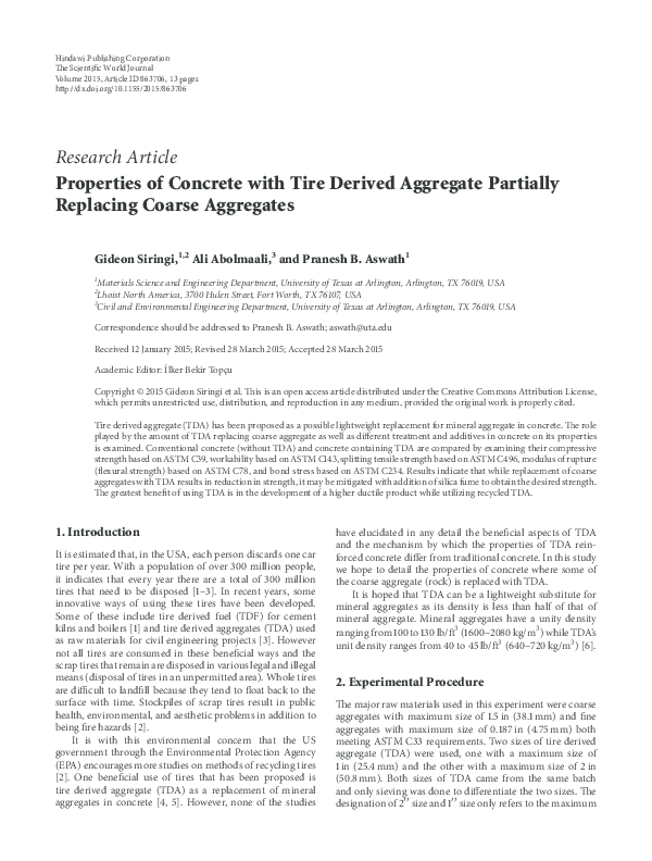 (PDF) Properties of Concrete with Tire Derived Aggregate Partially ...