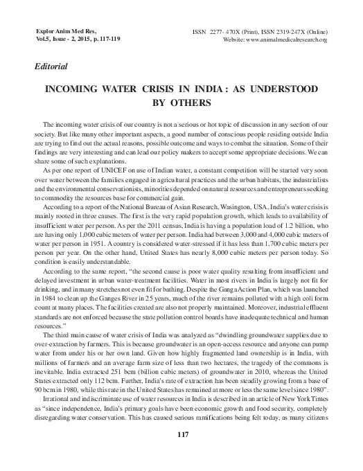 (PDF) INCOMING WATER CRISIS IN INDIA : AS UNDERSTOOD BY OTHERS