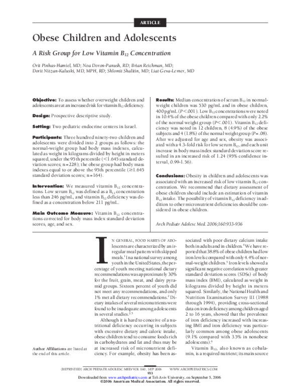 (PDF) Obese Children and Adolescents A Risk Group for Low Vitamin B12 ...