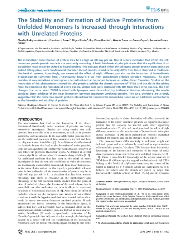 (PDF) The Stability and Formation of Native Proteins from Unfolded ...