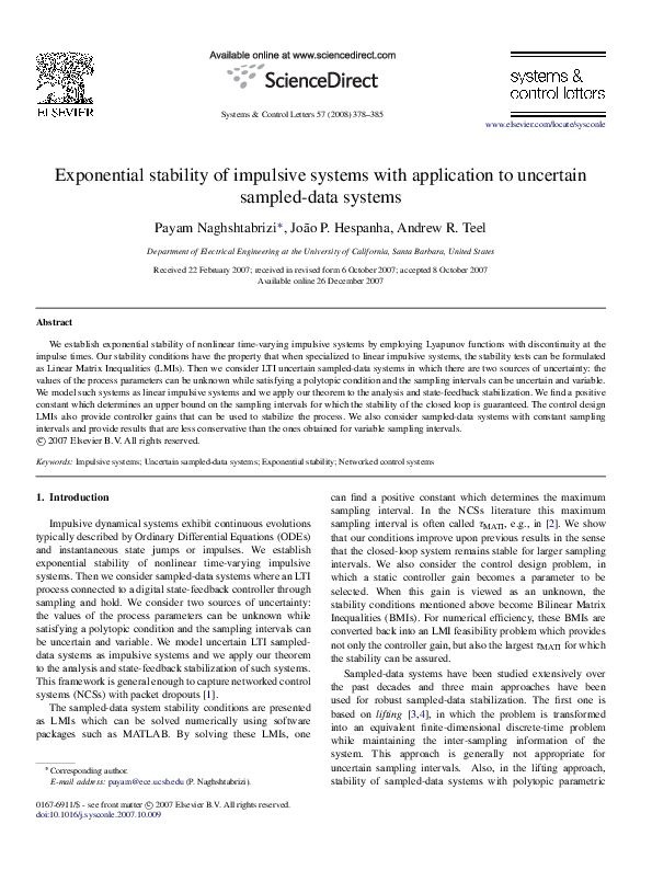 (PDF) Exponential stability of impulsive systems with application to ...