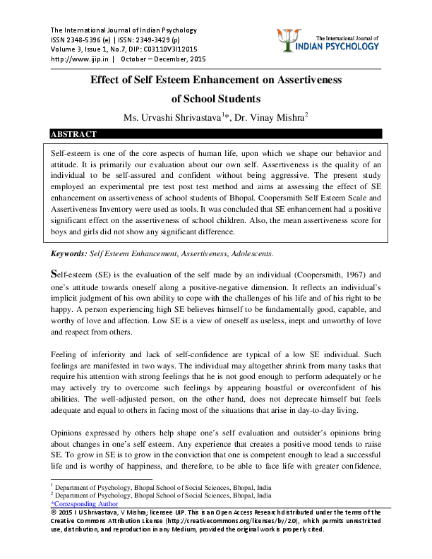 (PDF) Effect of Self esteem Enhancement on Assertiveness of School Students