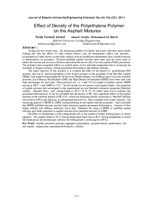 Pdf Effect Of Density Of The Polyethylene Polymer On The Asphalt Mixtures