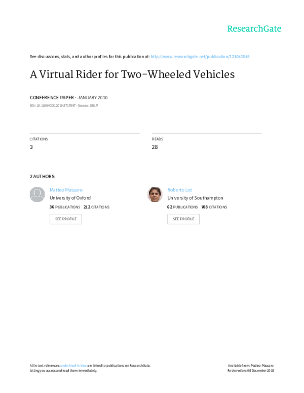 (PDF) A Virtual Rider for Two Wheeled Vehicles CDC10 RG 1