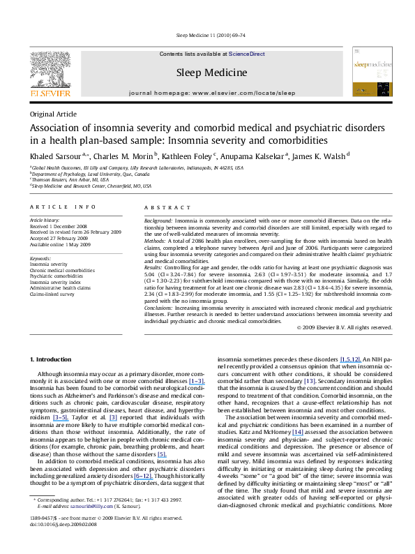 (PDF) Association of insomnia severity and comorbid medical and ...