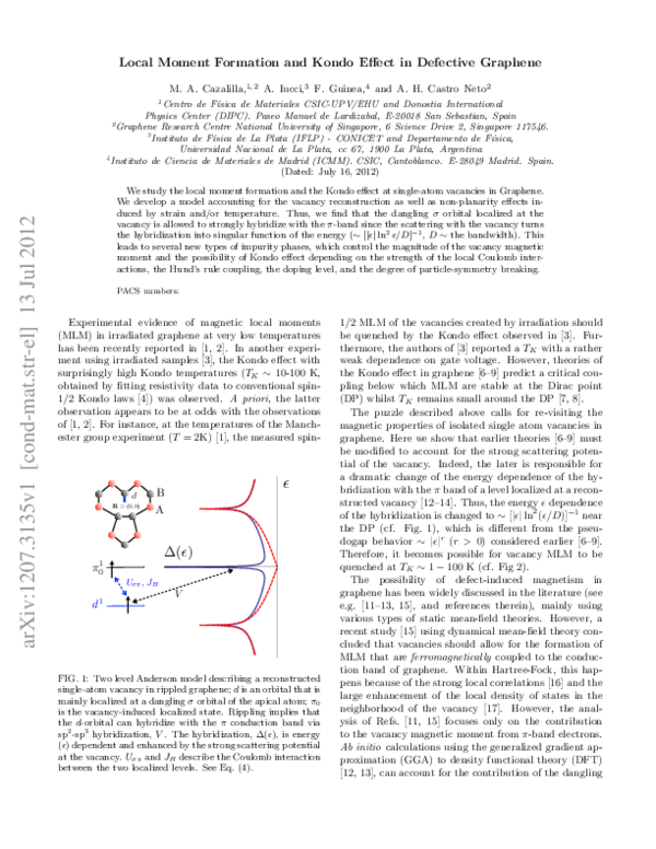 (PDF) Local moment formation and Kondo effect in defective graphene