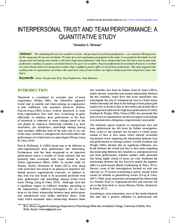 (PDF) The Relationship between Interpersonal Trust and Team Performance