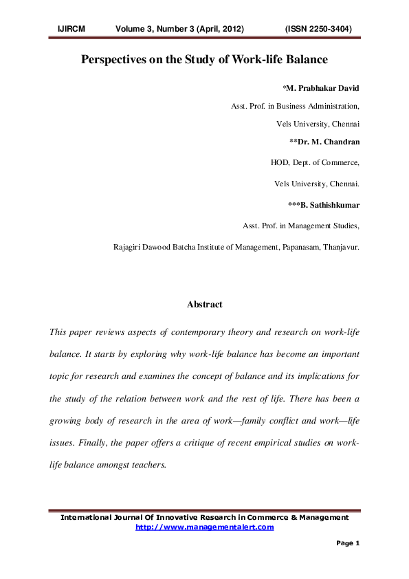 (PDF) Perspectives on the Study of Work-life Balance