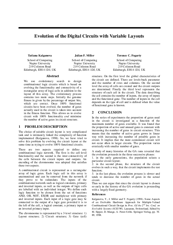 (PDF) Evolution of the digital circuits with variable layouts