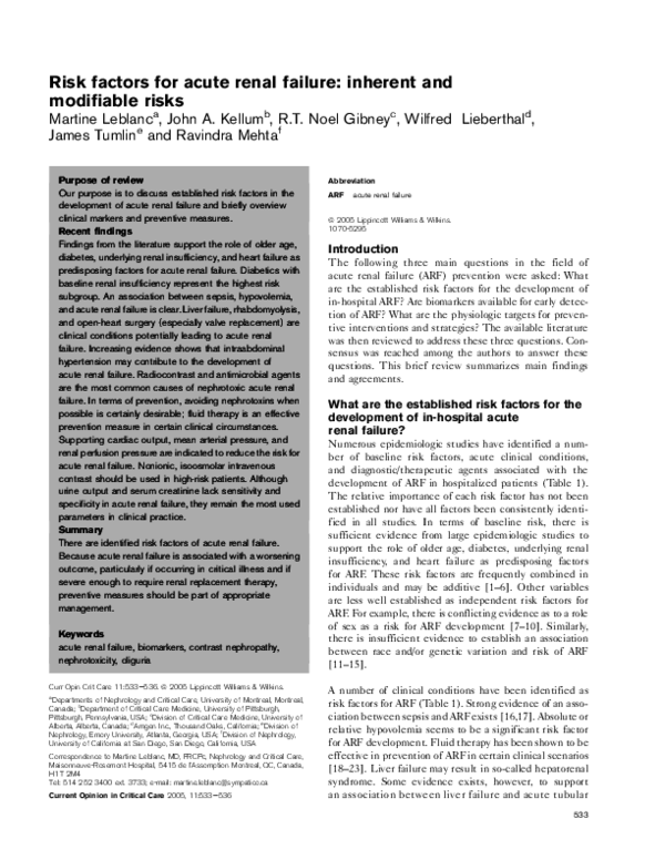(PDF) Risk factors for acute renal failure: inherent and modifiable risks