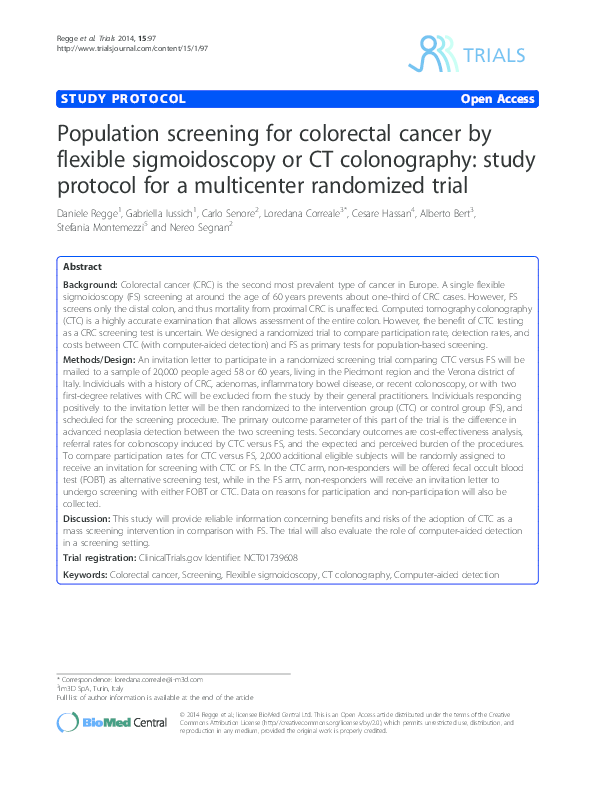 (PDF) Population screening for colorectal cancer by flexible sigmoidoscopy or CT colonography