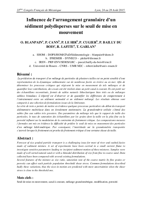 (PDF) Influence de l'arrangement granulaire d'un sédiment polydisperses sur le seuil de mise en