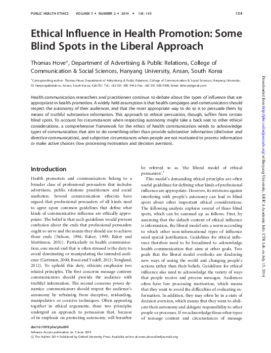 (PDF) Ethical Influence in Health Promotion Some Blind Spots in the