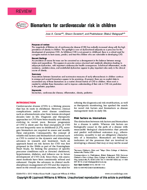 (PDF) Biomarkers for cardiovascular risk in children