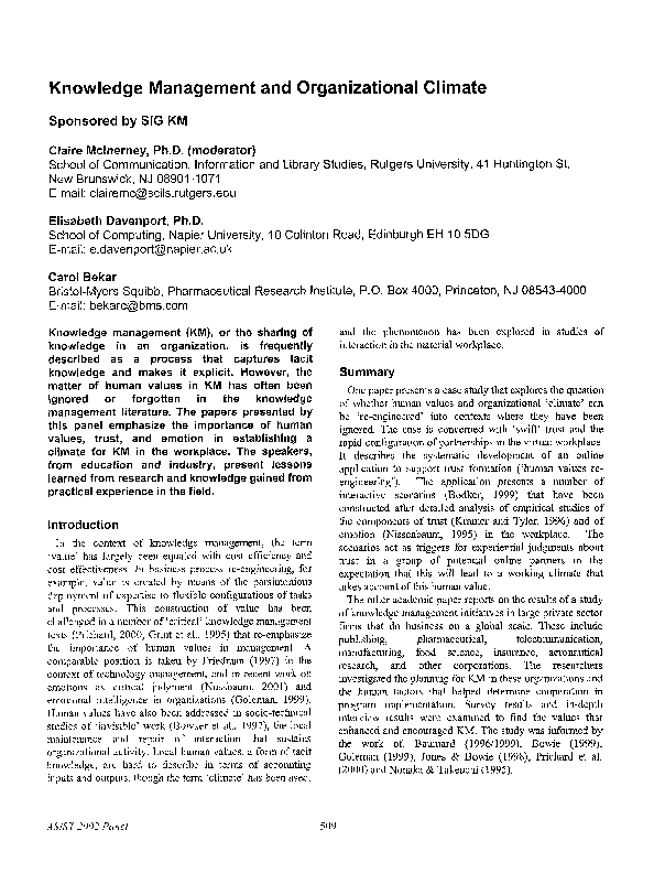 (PDF) Knowledge management and organizational climate. Sponsored by SIG KM