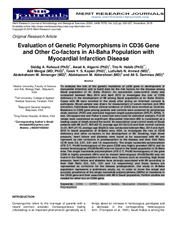(PDF) Evaluation of Genetic Polymorphisms in CD36 Gene and Other Co ...