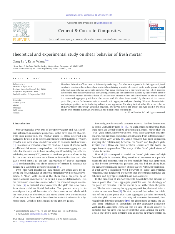 (PDF) Theoretical and experimental study on shear behavior of fresh mortar