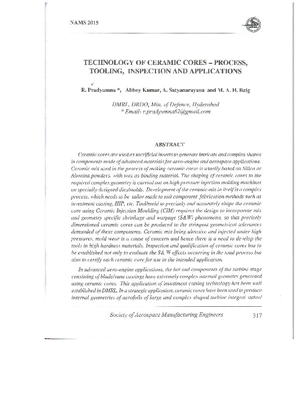 (PDF) Technology for Ceramic Cores : Process, Tooling, Inspection and ...