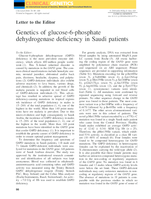 (PDF) Genetics of glucose-6-phosphate dehydrogenase deficiency in Saudi ...