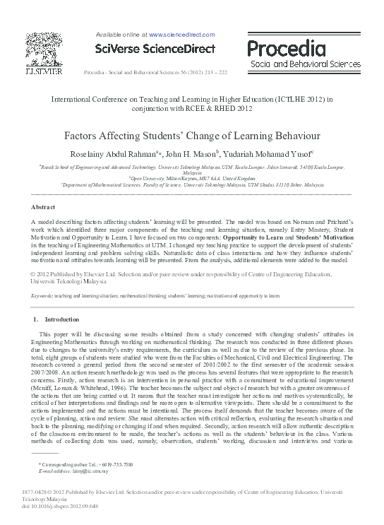 (PDF) Factors Affecting Students’ Change of Learning Behaviour