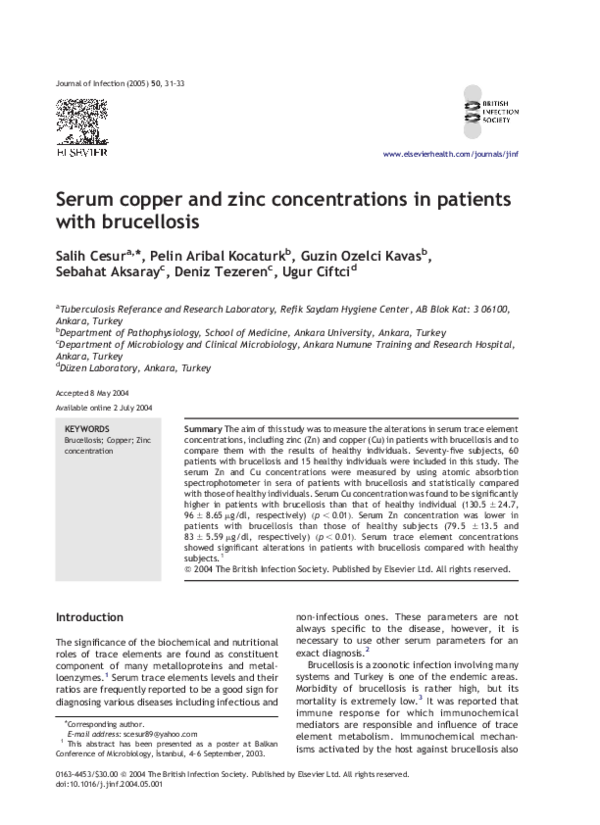 (PDF) Serum copper and zinc concentrations in patients with brucellosis
