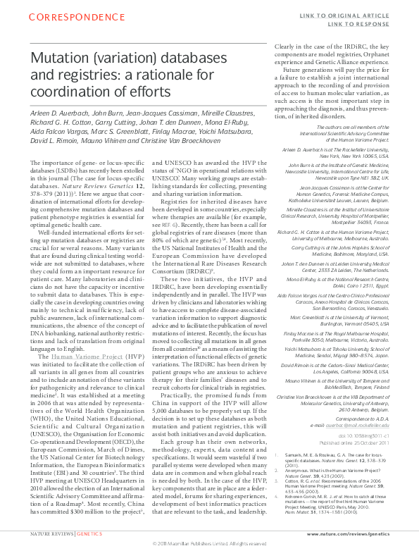 (PDF) Mutation (variation) databases and registries: a rationale for ...