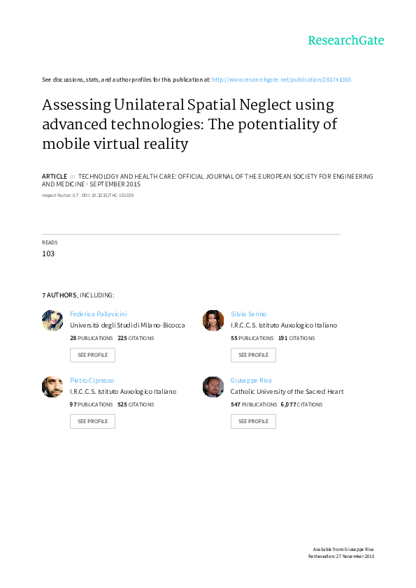 (PDF) Assessing unilateral spatial neglect using advanced technologies ...