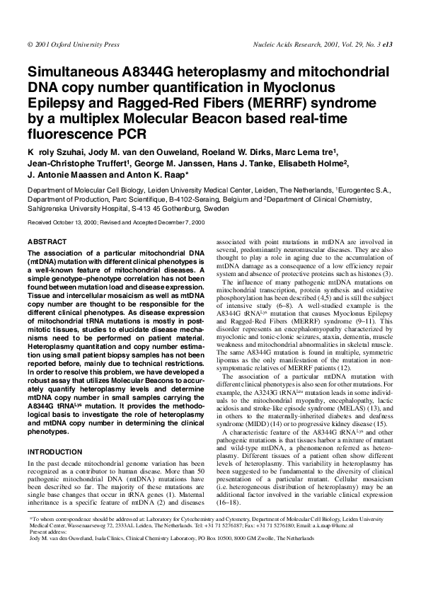 (PDF) Simultaneous A8344G heteroplasmy and mitochondrial DNA copy ...