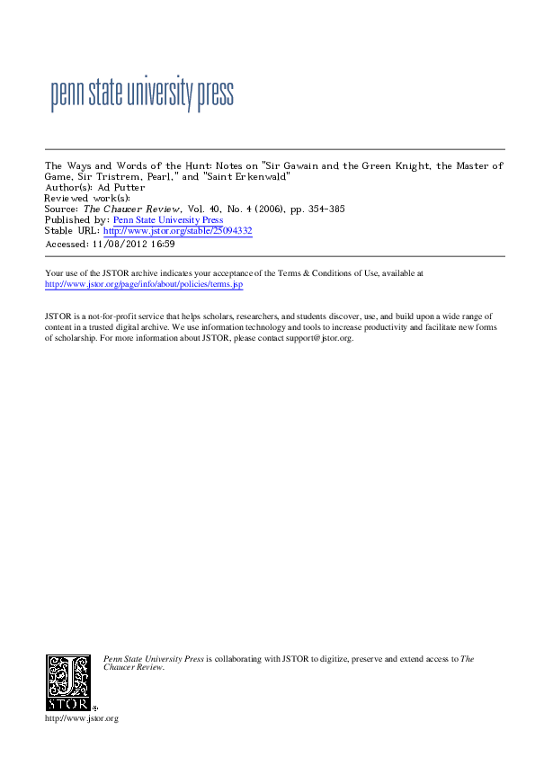 The Ways and Words of the Hunt: Notes on Sir Gawain, The Master of Game, Pearl, and Saint Erkenwald