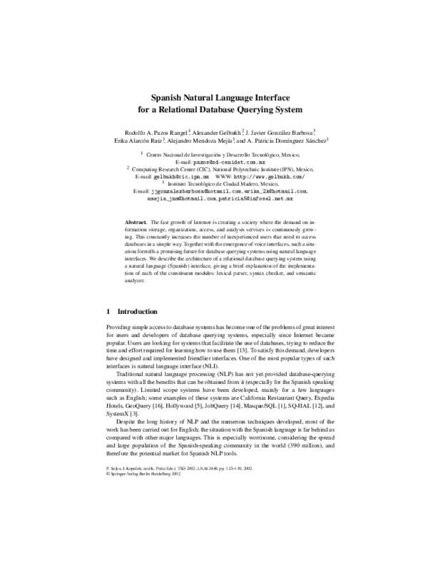 (PDF) Spanish natural language interface for a relational database ...