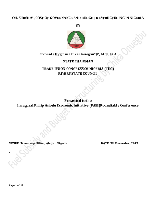 (PDF) OIL SUBSIDY , COST OF GOVERNANCE AND BUDGET RESTRUCTURING IN NIGERIA