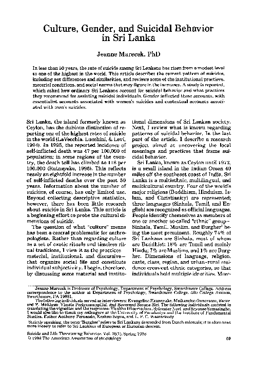 (PDF) Culture, gender, and suicidal behavior in Sri Lanka