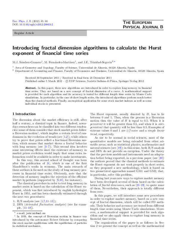 (PDF) Introducing fractal dimension algorithms to calculate the Hurst