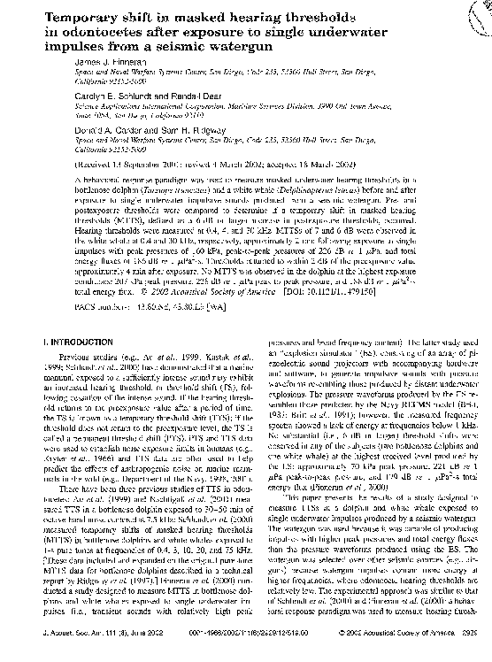 (PDF) Temporary shift in masked hearing thresholds in odontocetes after ...