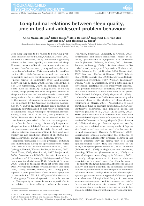 (PDF) Longitudinal relations between sleep quality, time in bed and ...