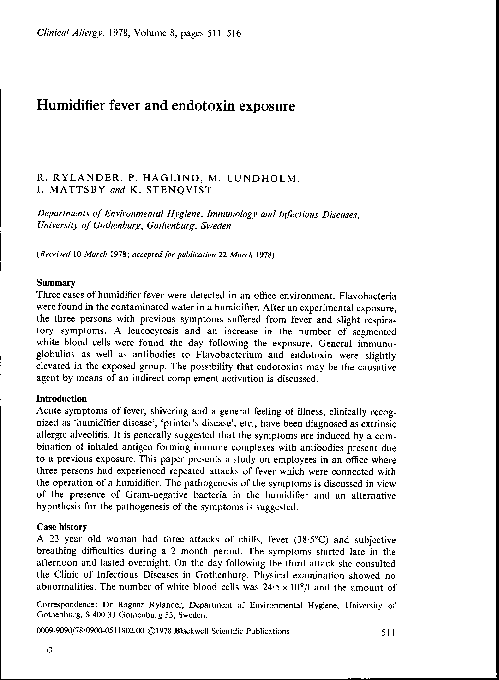 (PDF) Humidifier fever and endotoxin exposure