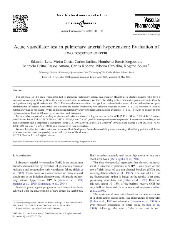 (PDF) Acute vasodilator test in pulmonary arterial hypertension