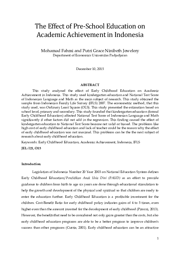 (PDF) The Effect of Pre-School Education on Academic Achievement in ...