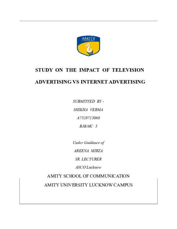 (DOC) STUDY ON THE IMPACT OF TELEVISION ADVERTISING VS INTERNET ADVERTISING