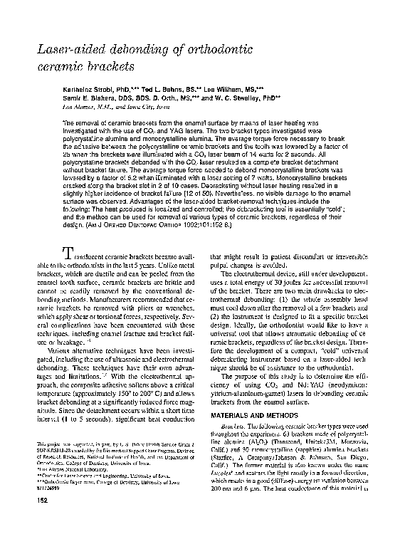 (PDF) Laseraided debonding of orthodontic ceramic brackets William Stwalley Academia.edu