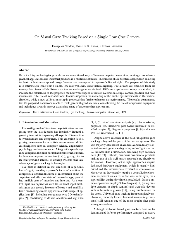 Pdf On Visual Gaze Tracking Based On A Single Low Cost Camera