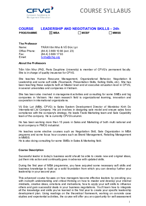 (PDF) CFVG MBA23 Leadership Negotiation Syllabus