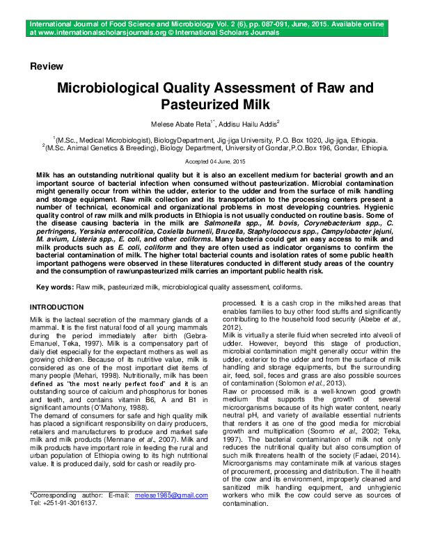 (PDF) Microbiological Quality Assessment of Raw and Pasteurized Milk